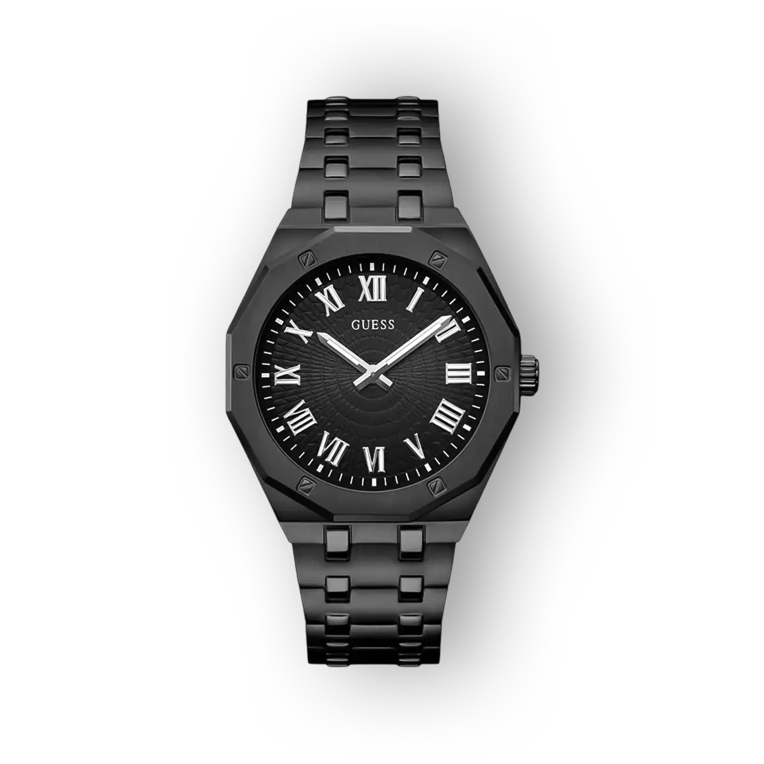 Fekete, férfi karóra, római számokkal, elegáns fém szíjjal a Guess márkától.