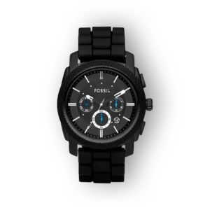 Fossil férfi karóra fekete szíjjal, analóg kijelzővel és kék részletekkel.