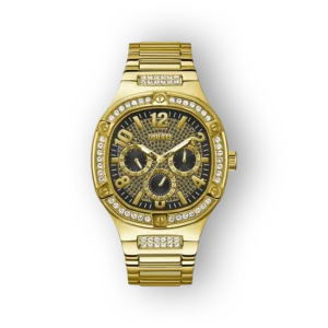 Arany színű Guess óra fekete számlappal és kristályos díszítéssel. A számlapon három extra mutató található.