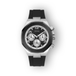 Fekete szíjjal, ezüst keretes Guess órát mutat, három időmérő és jól látható számokkal.