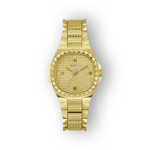 Aranyozott Guess GW0601L1 óra, díszes számlap és ékszerszerű karkötő.