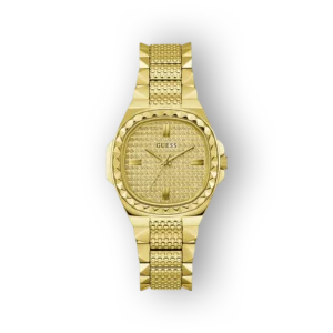 Aranyozott Guess GW0601L1 óra, díszes számlap és ékszerszerű karkötő.