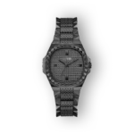 Fekete Guess GW0601L2 karóra dombornyomott számlappal és fémből készült szíjjal.