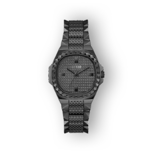 Fekete Guess GW0601L2 karóra dombornyomott számlappal és fémből készült szíjjal.