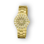 Arany színű Guess karóra, díszes számlappal és láncszerű szíjjal.