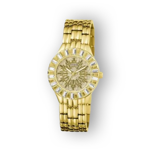 Arany színű Guess karóra, díszes számlappal és láncszerű szíjjal.