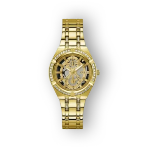 Arany színű Guess óra, áttetsző számlappal és strasszkövekkel díszített fém szíjjal.