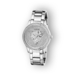 Guess ezüst női karóra, közelről látható számlappal.