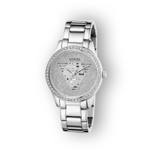 Guess ezüst női karóra, közelről látható számlappal.