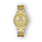 Guess aranyszínű női karóra, szemből nézetben