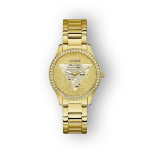 Guess aranyszínű női karóra, szemből nézetben
