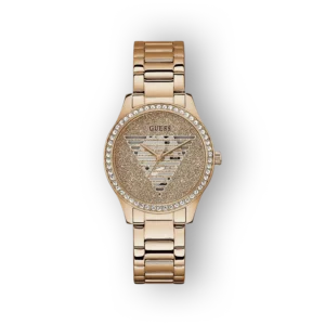 Arany színű Guess óra, díszes számlappal és kristályokkal keretezve.