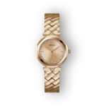 Guess női aranyszínű karóra díszített számlappal.