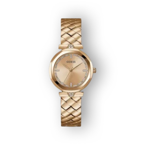 Guess női aranyszínű karóra díszített számlappal.