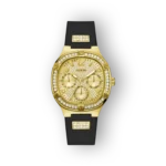 Arany színű Guess karóra fekete szíjjal, csillogó kövekkel díszítve, elegáns dizájnnal.