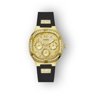 Arany színű Guess karóra fekete szíjjal, csillogó kövekkel díszítve, elegáns dizájnnal.