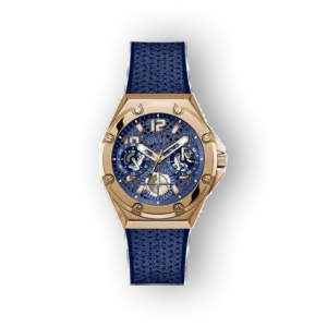 Guess GW0620L3 óra, aranyszínű tok, sötétkék szíjjal, részletes számlap.