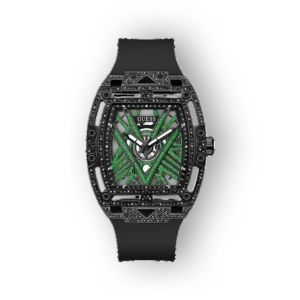 Guess GW0622G2 karóra fekete szíjjal, zöld mintázatú számlappal és modern dizájnnal.