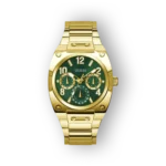 Arany színű Guess óra zöld számlappal és kronométer funkciókkal.