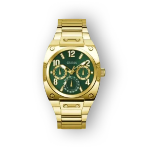 Arany színű Guess óra zöld számlappal és kronométer funkciókkal.