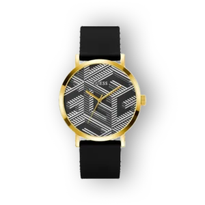 Guess női karóra fekete szíjjal és arany tokkal.