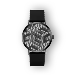 Guess G-Bossed GW0625G3 karóra fekete szíjjal és geometrikus mintázatú számlappal.