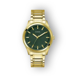 Zöld számlapos, arany színű Guess óra, fémszíjjal és részletes mintázattal.