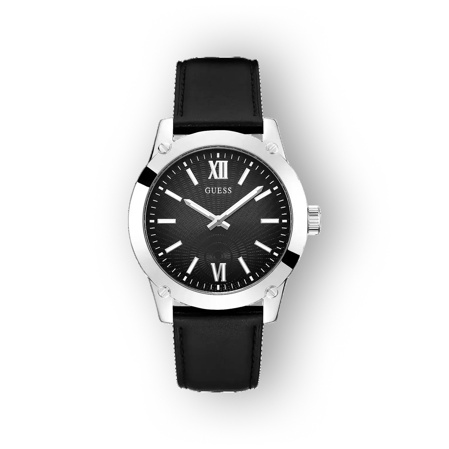 Guess fekete szíjas óra ezüst tokban előlnézetben