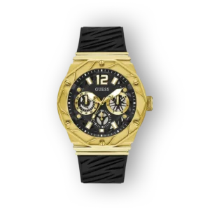 Arany színű Guess karóra fekete szíjjal, analóg kijelzővel és sportos designnal.