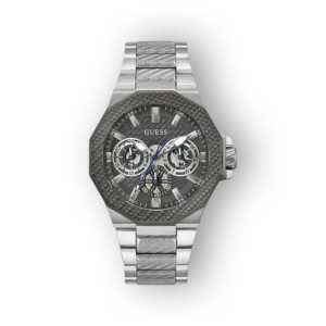 Ez a szürke Guess GW0636G1 karóra, fényes fém szíjjal és részletes számlappal rendelkezik.