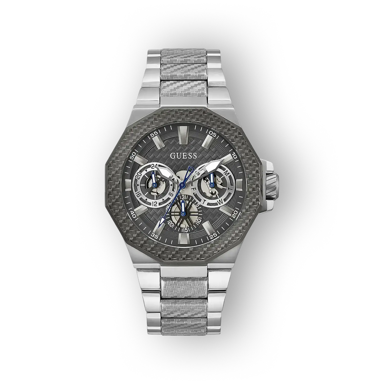 Ez a szürke Guess GW0636G1 karóra, fényes fém szíjjal és részletes számlappal rendelkezik.