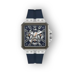 Guess GW0637G1 karóra kék szíjjal és szögletes, ezüst tokos dizájnnal.