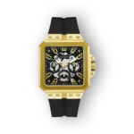 Fekete számlapos, arany keretes Guess GW0637G2 férfi óra, fekete szilikon szíjjal.