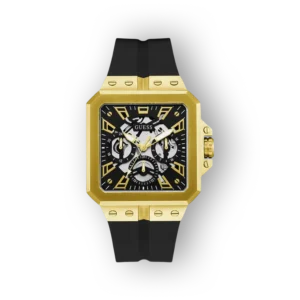 Fekete számlapos, arany keretes Guess GW0637G2 férfi óra, fekete szilikon szíjjal.