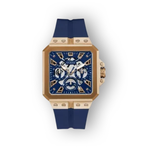 Kék számlapos, aranykeretes Guess GW0637G3 óra, kék szilikon szíjjal, elegáns sportos dizájnnal.