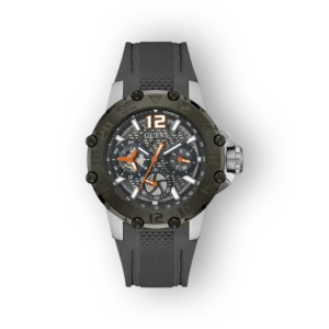 Fekete számlapos Guess GW0640G1 karóra narancssárga és ezüst részletekkel.