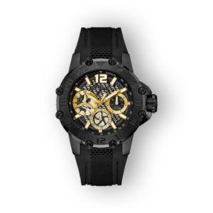 Fekete és arany színű, férfi karóra, fekete szilikon pánttal, analóg kijelzővel és kronográf funkcióval.