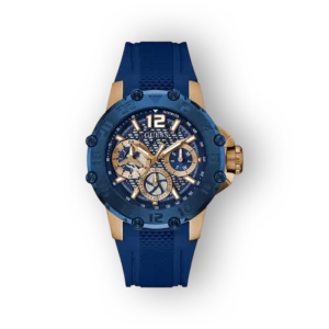 Kék szíjjal és arany részletekkel rendelkező Guess GW0640G3 férfi karóra, sportos számlappal és stopper funkcióval.