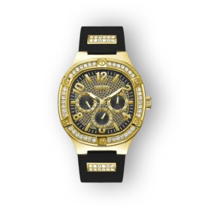 Fekete cérna szíjjal és arany színű tokú, Guess karóra, díszítő kövekkel és három további időmérő számlappal.