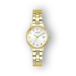 Guess női arany színű óra elölnézetben, színes kövekkel.