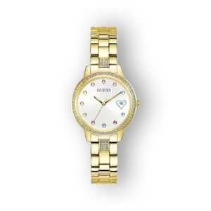 Guess női arany színű óra elölnézetben, színes kövekkel.