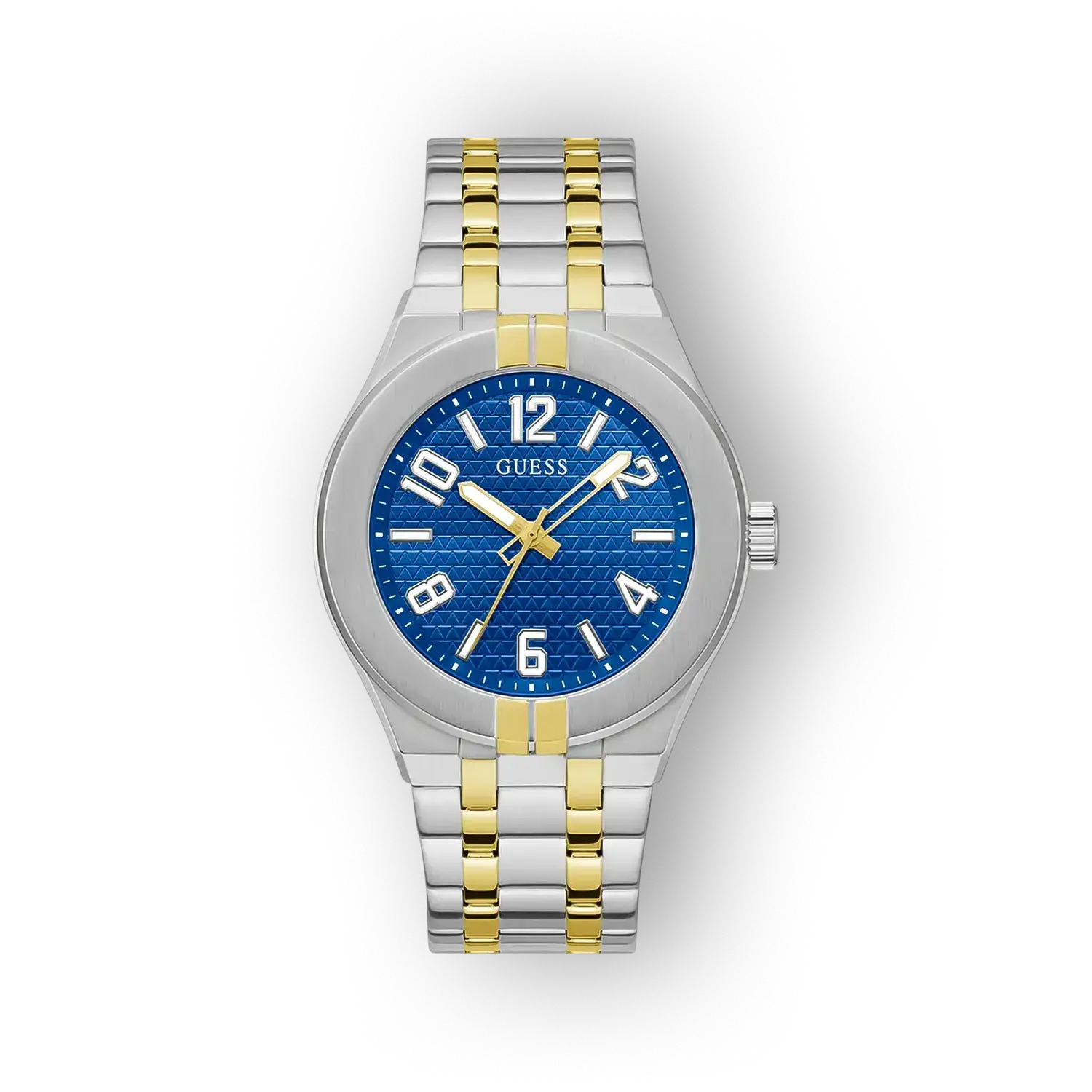 Kék számlapos, ezüst és arany színekből álló Guess GW0661G1 óra elegáns, modern dizájnnal.