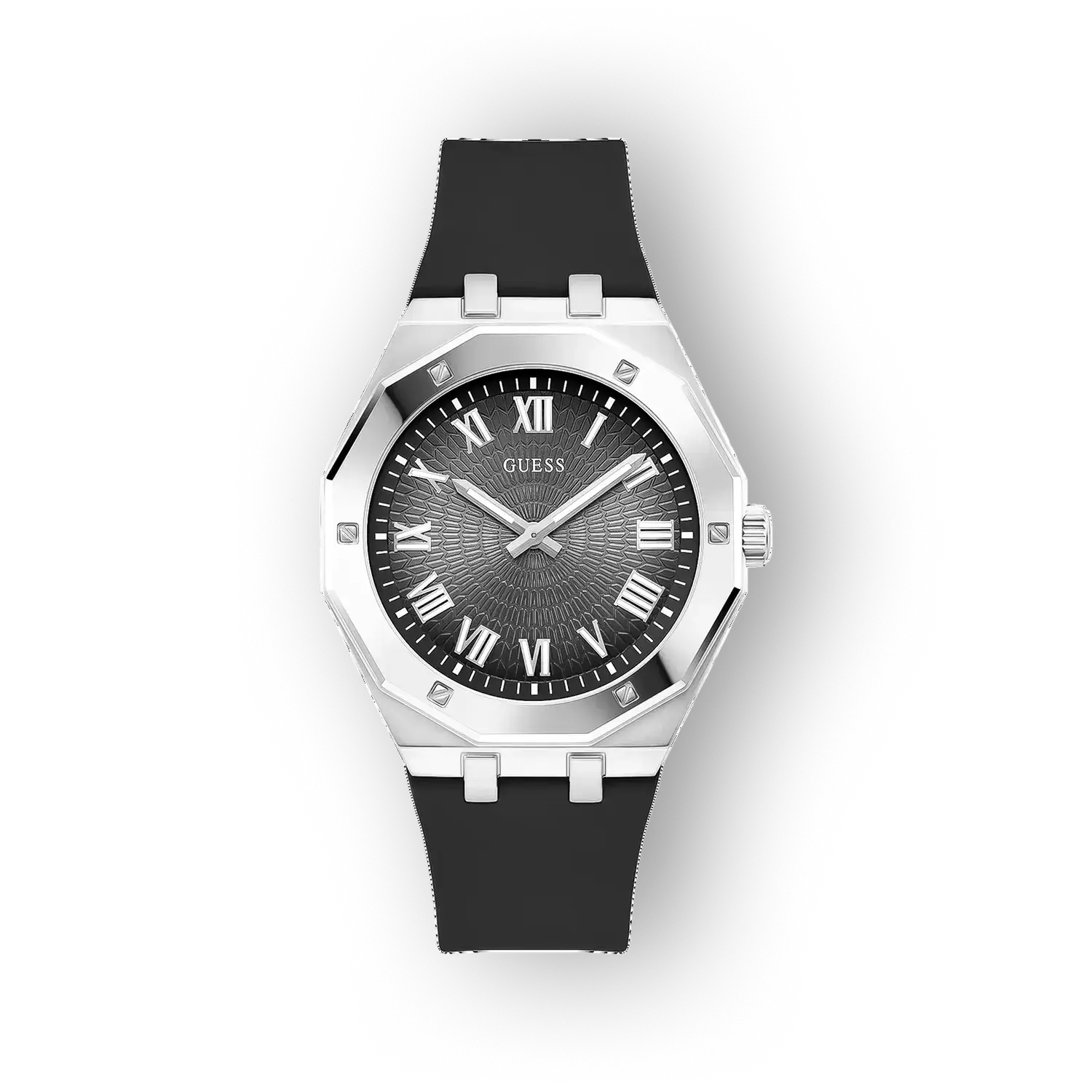 Guess GW0663G1 férfi óra fekete szíjjal és ezüst színű tok, római számokkal díszített számlappal.