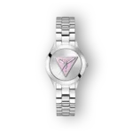 Ezüst színű Guess óra rózsaszín háromszög óralappal és fémszíjjal.