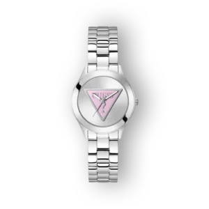 Ezüst színű Guess óra rózsaszín háromszög óralappal és fémszíjjal.