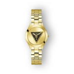 Egy arany színű Guess óra fekete számrajzgal és láncszalaggal.