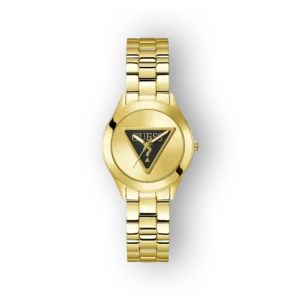 Egy arany színű Guess óra fekete számrajzgal és láncszalaggal.