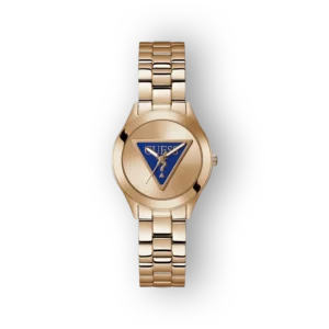 Arany színű Guess óra kék háromszögző formelemével és fém karkötővel.