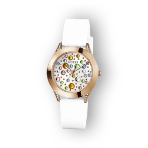Guess GW0678L4 karóra fehér szíjjal és színes kristályokkal díszített óraszáml апплагат.