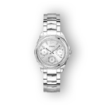 Ezüst színű Guess óra, csillogó kövekkel és három kis számlappal. Elegáns, fényes fém karkötővel készült.